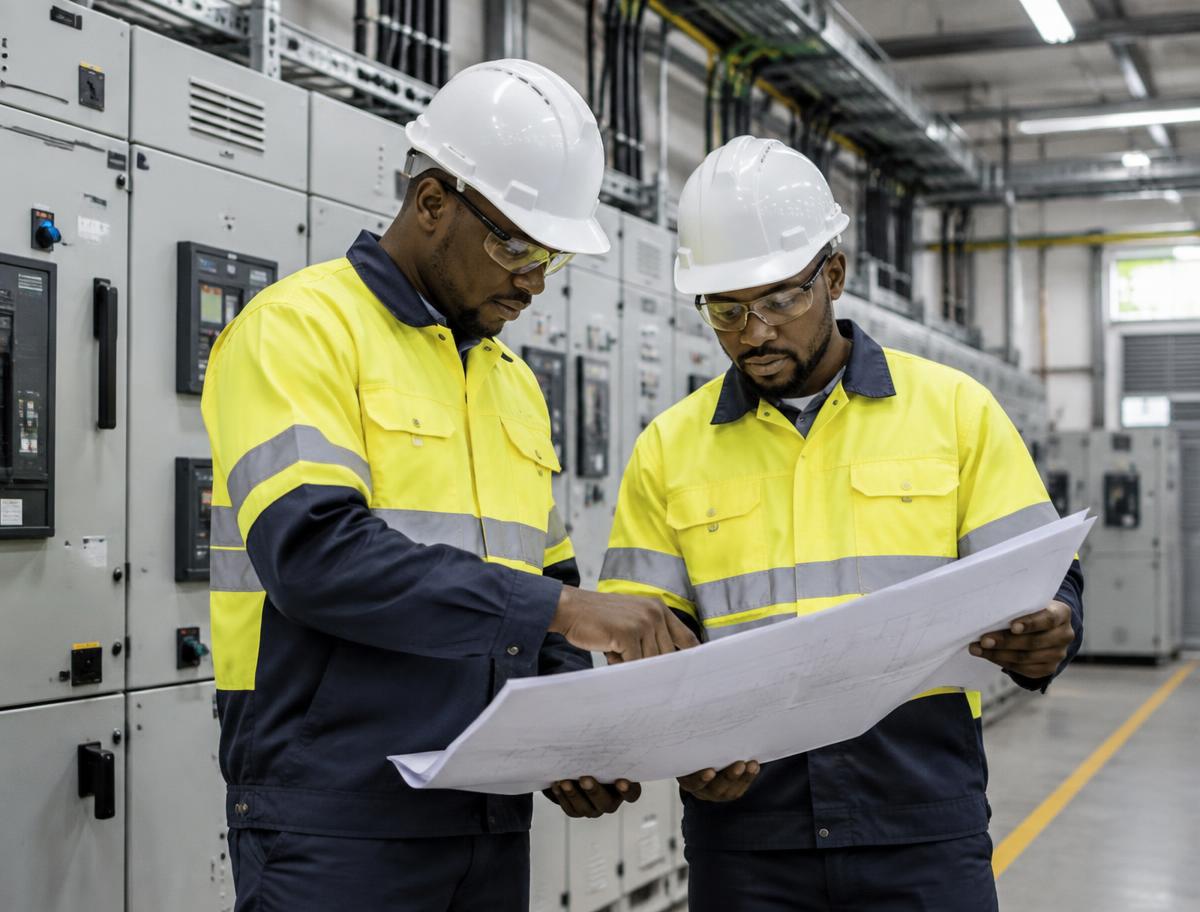 Engineers reviewing electrical plans